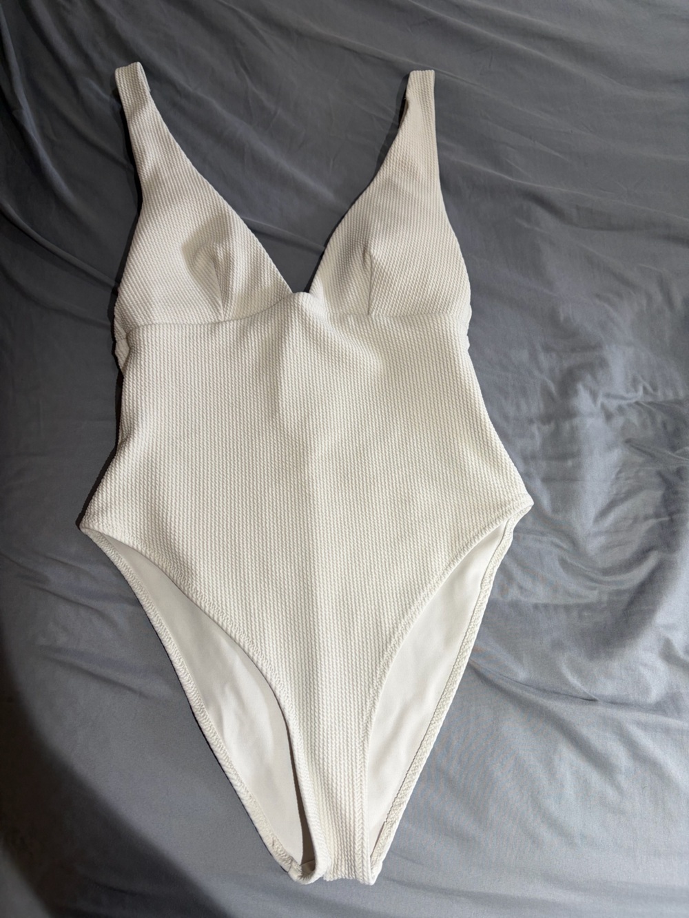 H&M White Textured Deep V One Piece Swimsuit